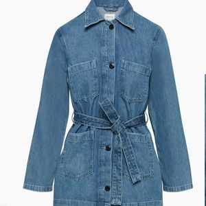 ARITZIA WILFRED FREE PORT JACKET IN MEDIUM BLUE DENIM BELTED LARGE